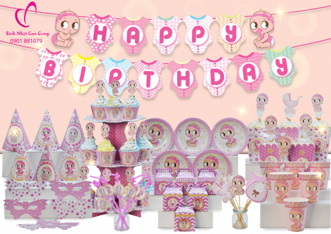 set phụ kiện trang trí sinh nhật cho bé gái chủ đề baby girl dễ thương với tông màu hồng nhẹ nhàng