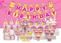 Set phụ kiện trang trí sinh nhật cho bé gái chủ đề gà hồng